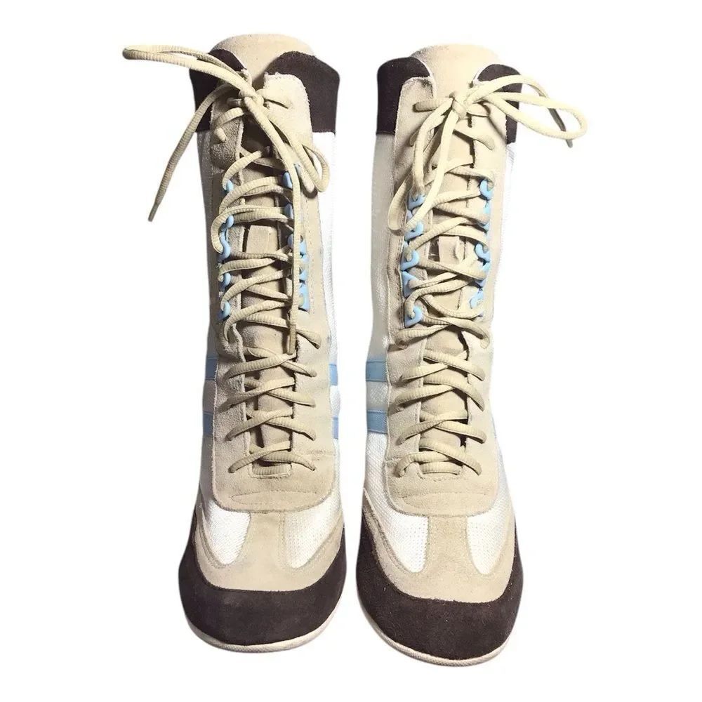 Baker’s Y2K Suede Nylon High Heel Ankle Boots Stylish Beige and Brown Size 8 1/2
